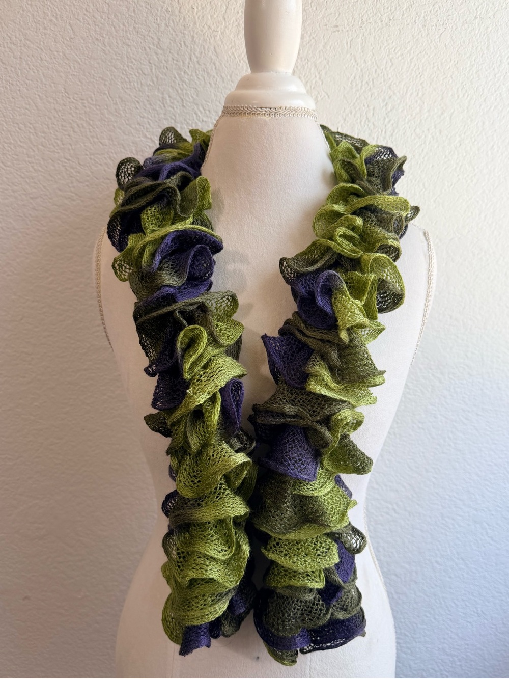 Handmade Knit  Green Purple Ruffle Scarf Womens Maximalism Y2K